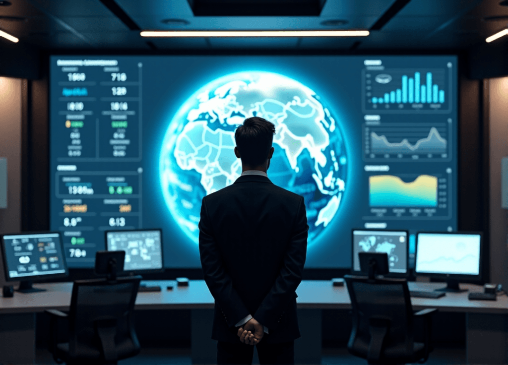 "A futuristic control room scene featuring a focused executive analyzing AI-driven data visualizations on a large 3D globe with animated weather patterns."