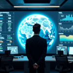 "A futuristic control room scene featuring a focused executive analyzing AI-driven data visualizations on a large 3D globe with animated weather patterns."