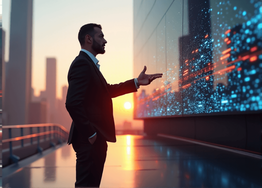 "A confident business executive stands in front of a cityscape at sunset, gesturing towards an AI-driven data analytics display with intricate patterns."