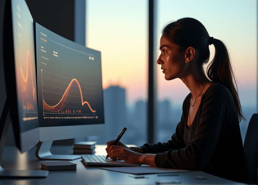 "A young woman intensely focuses on a computer screen displaying customer sentiment analysis data, taking notes with a pen in hand."