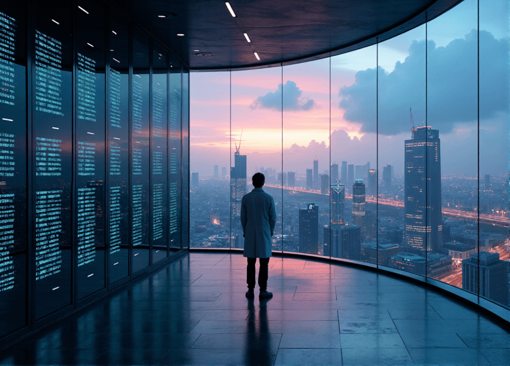 "A futuristic data center at dusk, with a lab-coated figure gazing out at a cityscape amidst rows of humming servers and LED lights."