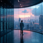 "A futuristic data center at dusk, with a lab-coated figure gazing out at a cityscape amidst rows of humming servers and LED lights."