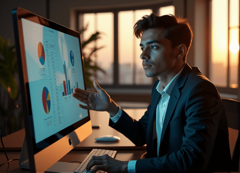 "A young professional sits at a minimalist desk, intensely focused on an AI-powered data visualization graph displayed on a large computer screen."