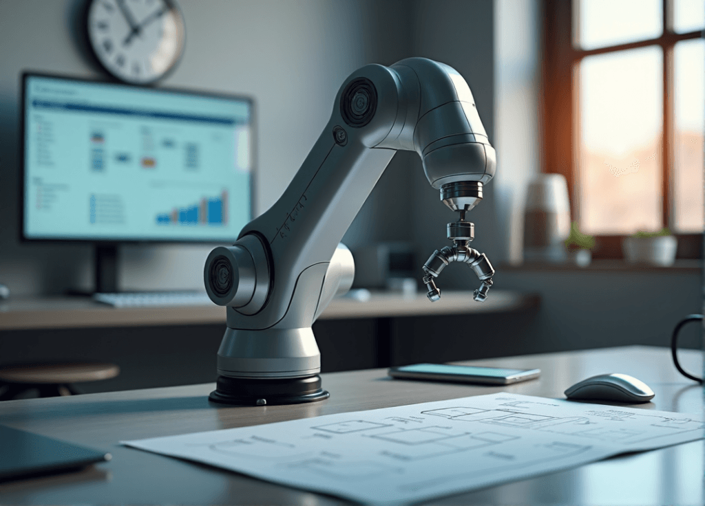 "A sleek silver robotic arm on an industrial desk amidst modern office gadgets, illuminated by natural light, showcasing AI automation skills in a productive environment."