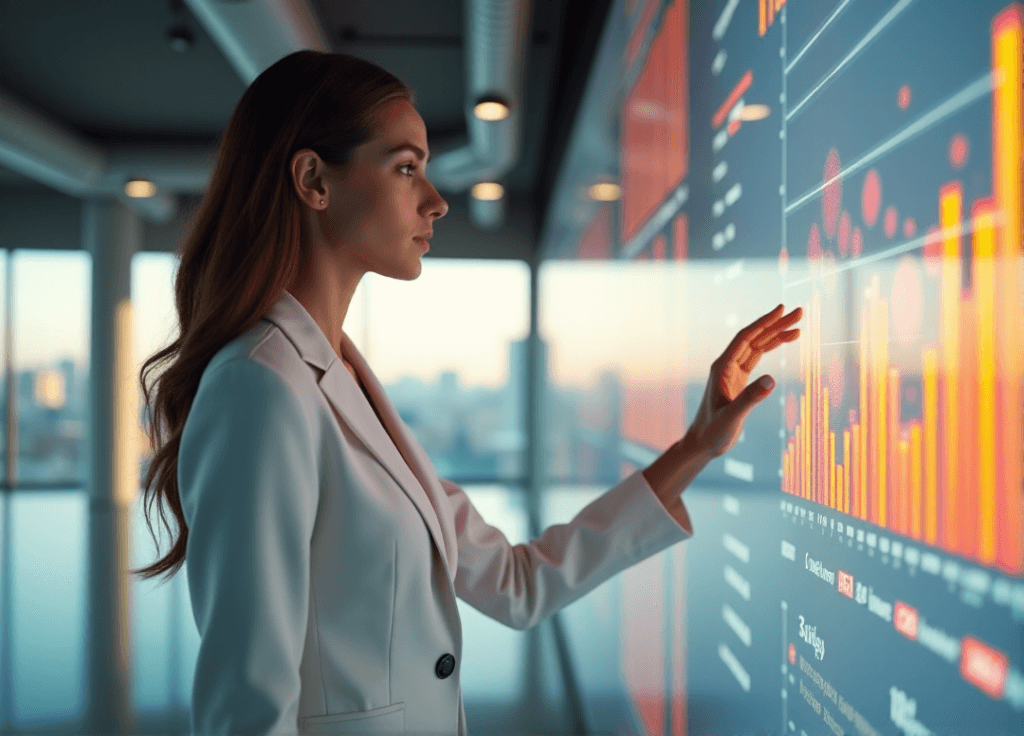 "A young professional stands confidently in front of a data visualization dashboard, intently exploring AI-driven insights with excitement and discovery."