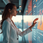 "A young professional stands confidently in front of a data visualization dashboard, intently exploring AI-driven insights with excitement and discovery."