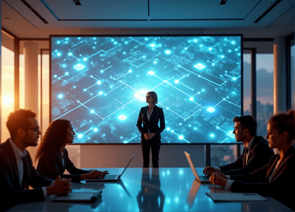 "Corporate office scene: CEO stands confidently before a large screen displaying an AI-driven transformation strategy, surrounded by diverse professionals discussing data flow and connections."