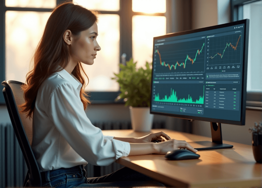 "A young woman sits at a modern desk, intensely analyzing customer sentiment data on her computer screen with AI automation skills."