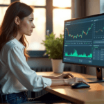 "A young woman sits at a modern desk, intensely analyzing customer sentiment data on her computer screen with AI automation skills."