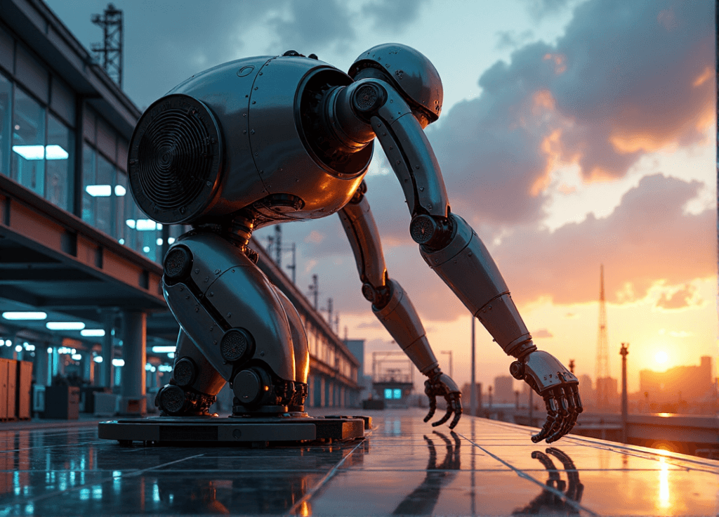 "A futuristic industrial facility at sunset, featuring a massive AI-powered robotic arm in motion, surrounded by engineers working on AI projects."