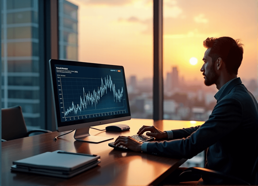 "A business executive sits at a modern desk, intensely focused on a data visualization graph displayed on a high-resolution computer screen, highlighting AI automation skills in market research."