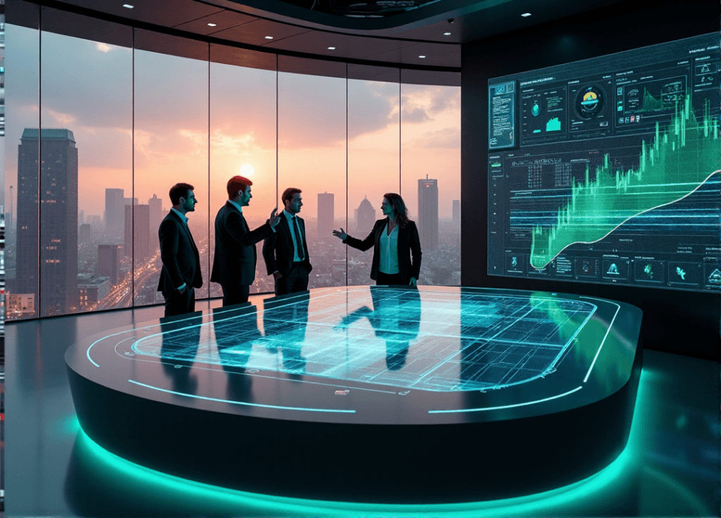"A futuristic control room with a team of professionals discussing AI-powered predictive insights on a sleek console surrounded by data visualizations and cityscape models."