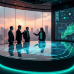 "A futuristic control room with a team of professionals discussing AI-powered predictive insights on a sleek console surrounded by data visualizations and cityscape models."