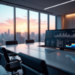 "A sleek silver data analytics dashboard atop a minimalist conference table in a modern meeting room with cityscape views at dusk, showcasing intricate data visualizations and AI automation skills."