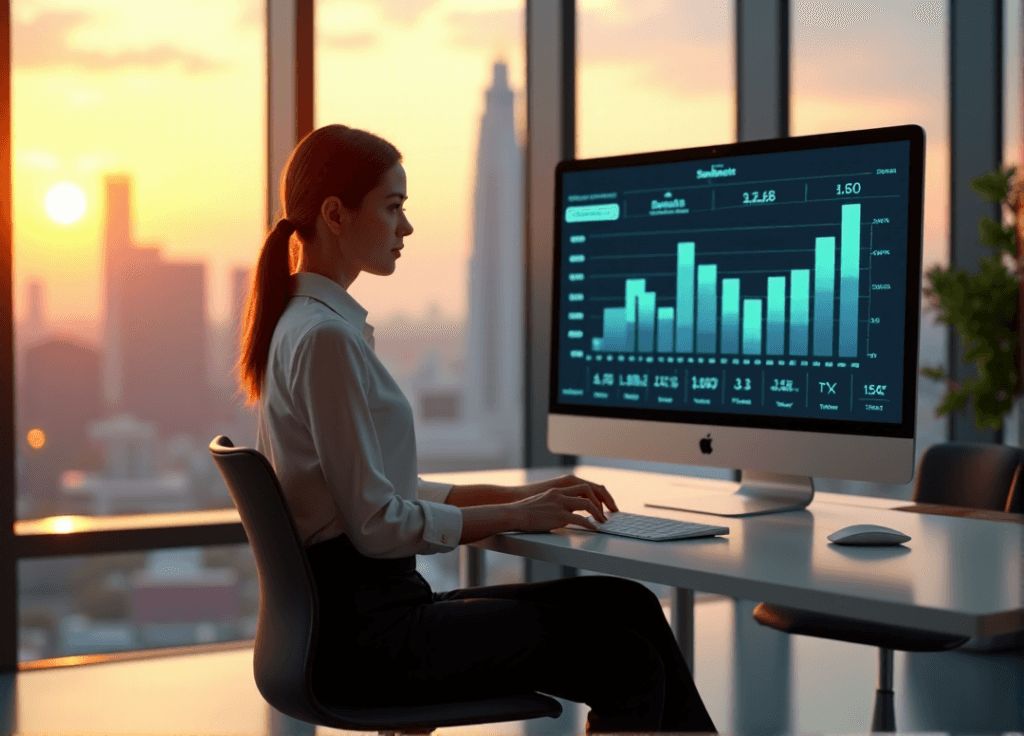 "A young businesswoman sits confidently at a modern desk, intensely focused on a data visualization graph displaying customer sentiment analysis metrics, showcasing AI automation skills in action."