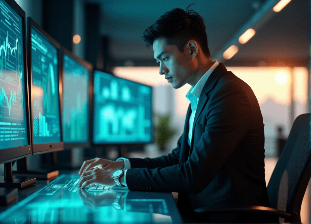 "A young professional sits confidently at a high-tech control panel in a futuristic data center, leveraging AI automation skills with real-time predictive analytics insights."