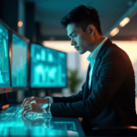 "A young professional sits confidently at a high-tech control panel in a futuristic data center, leveraging AI automation skills with real-time predictive analytics insights."
