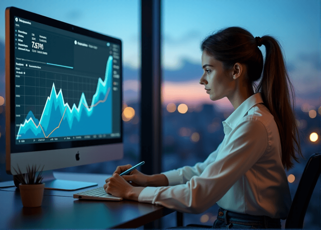 "A young woman intensely focuses on customer sentiment analysis data displayed on a large computer screen in a dimly lit office with a cityscape view, highlighting her AI automation skills."