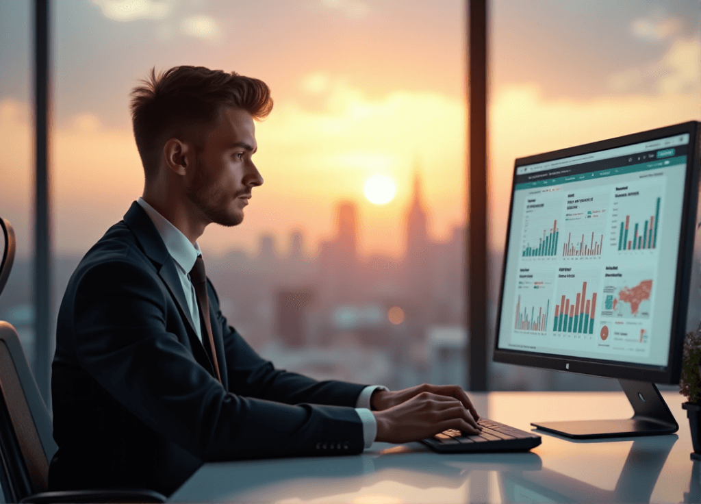 "A young professional sits confidently at a minimalist desk, eyes fixed on a data visualization dashboard, surrounded by a spacious office with a cityscape view."