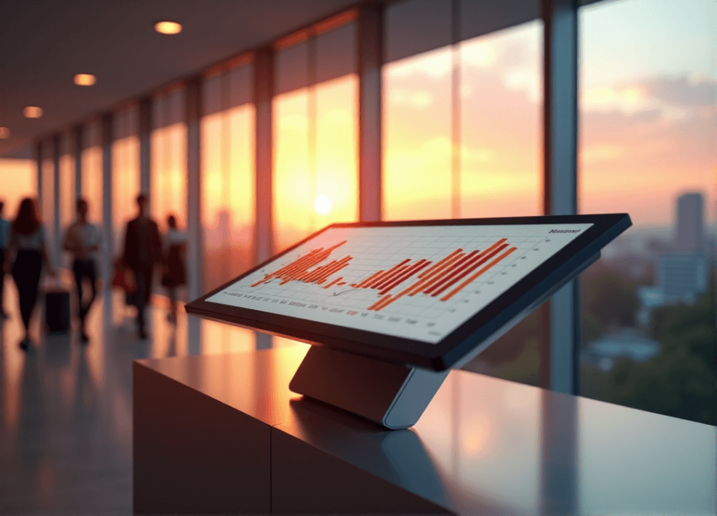 "A sleek silver customer service desk in a modern office setting, with a large screen displaying sentiment analysis data, surrounded by a serene cityscape at dusk."