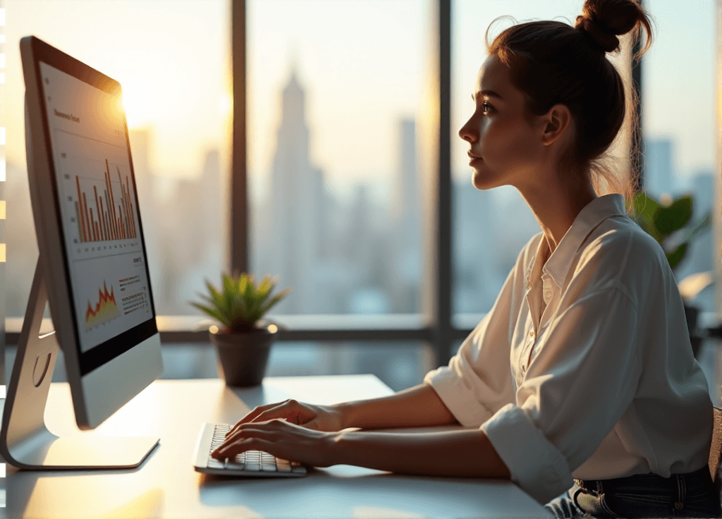 "A young woman sits at a minimalist desk, poised to input data into a high-resolution computer screen displaying intricate customer engagement metrics, showcasing her AI automation skills."