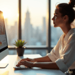 "A young woman sits at a minimalist desk, poised to input data into a high-resolution computer screen displaying intricate customer engagement metrics, showcasing her AI automation skills."