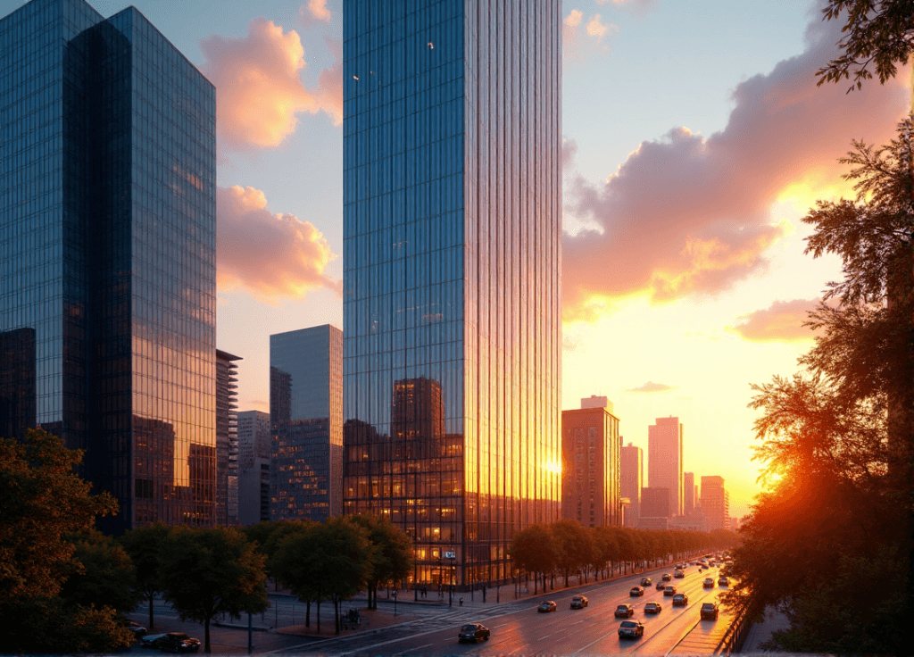 "A modern skyscraper with a sleek glass façade reflecting city colors at sunset, symbolizing data-driven market leadership and AI automation skills."