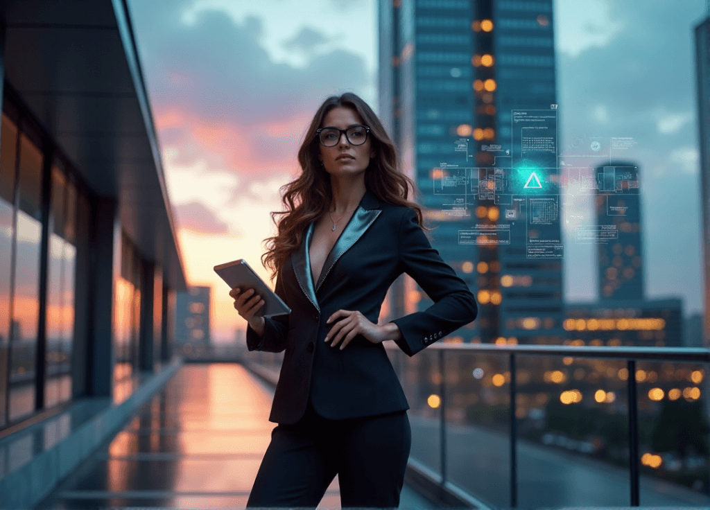 "A confident businesswoman stands in front of a high-rise building at dusk, holding a tablet with a holographic AI interface."