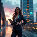 "A confident businesswoman stands in front of a high-rise building at dusk, holding a tablet with a holographic AI interface."