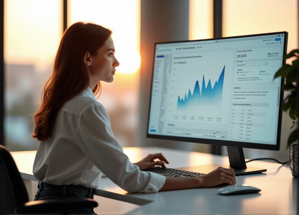 "A young businesswoman sits at a modern desk, intensely studying customer sentiment analysis data on her computer screen."