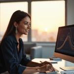 "A young woman sits in a minimalist office, smiling at sentiment analysis data on her computer screen, showcasing AI automation skills."