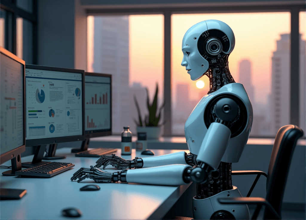 "A sleek robotic arm grasps a glass vial on an industrial desk amidst futuristic gadgets and computer screens, showcasing AI automation skills in action."