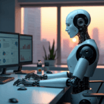 "A sleek robotic arm grasps a glass vial on an industrial desk amidst futuristic gadgets and computer screens, showcasing AI automation skills in action."