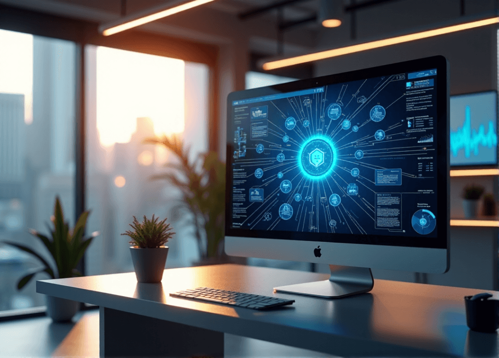 "A modern office space featuring a high-resolution computer screen displaying an AI-driven workflow visualization with interconnected nodes and data streams, surrounded by ambient lighting effects."