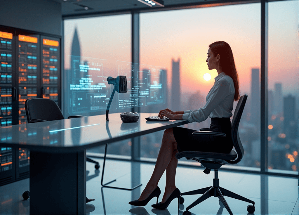 "A young businesswoman sits confidently at a sleek desk surrounded by AI-powered automation systems in a futuristic corporate office with a breathtaking cityscape view."