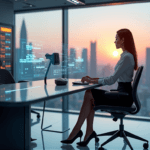 "A young businesswoman sits confidently at a sleek desk surrounded by AI-powered automation systems in a futuristic corporate office with a breathtaking cityscape view."