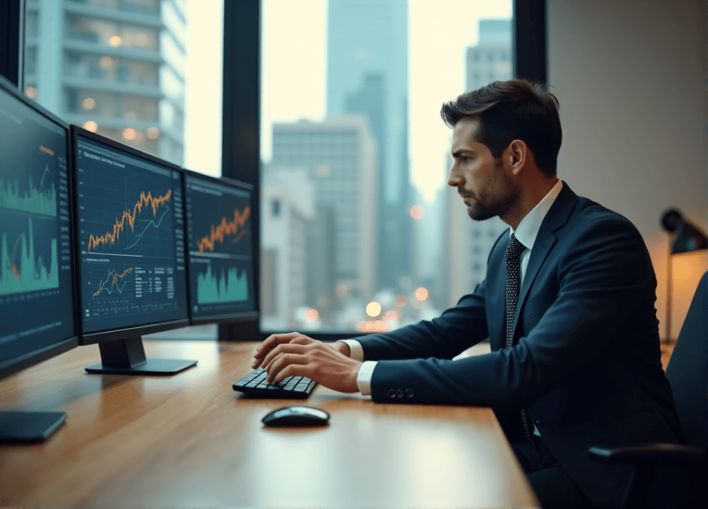 "A business professional intensely focuses on data visualizations and market trends in a modern office space, highlighting AI automation skills and informed decision-making."