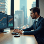 "A business professional intensely focuses on data visualizations and market trends in a modern office space, highlighting AI automation skills and informed decision-making."