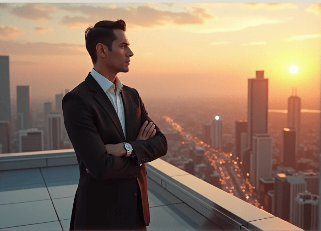 "A confident business executive stands on a rooftop overlooking a cityscape at sunset, exuding authority with AI automation skills in focus."