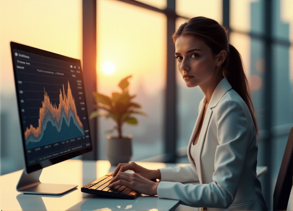 "A young professional sits confidently at a minimalist desk, hands poised over a high-resolution computer displaying dynamic data visualization graphs, with AI-powered predictive analytics software processing real-time data."