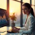 "A young professional sits confidently at a minimalist desk, hands poised over a high-resolution computer displaying dynamic data visualization graphs, with AI-powered predictive analytics software processing real-time data."