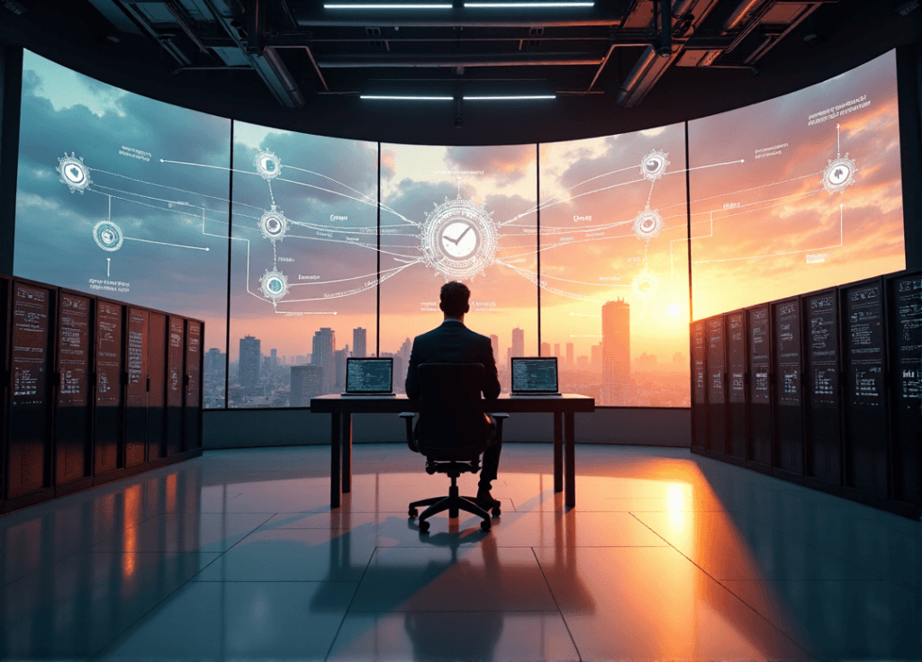 "A high-tech control room with an executive gazing at a curved screen displaying AI automation system diagrams, surrounded by humming servers and computer equipment."