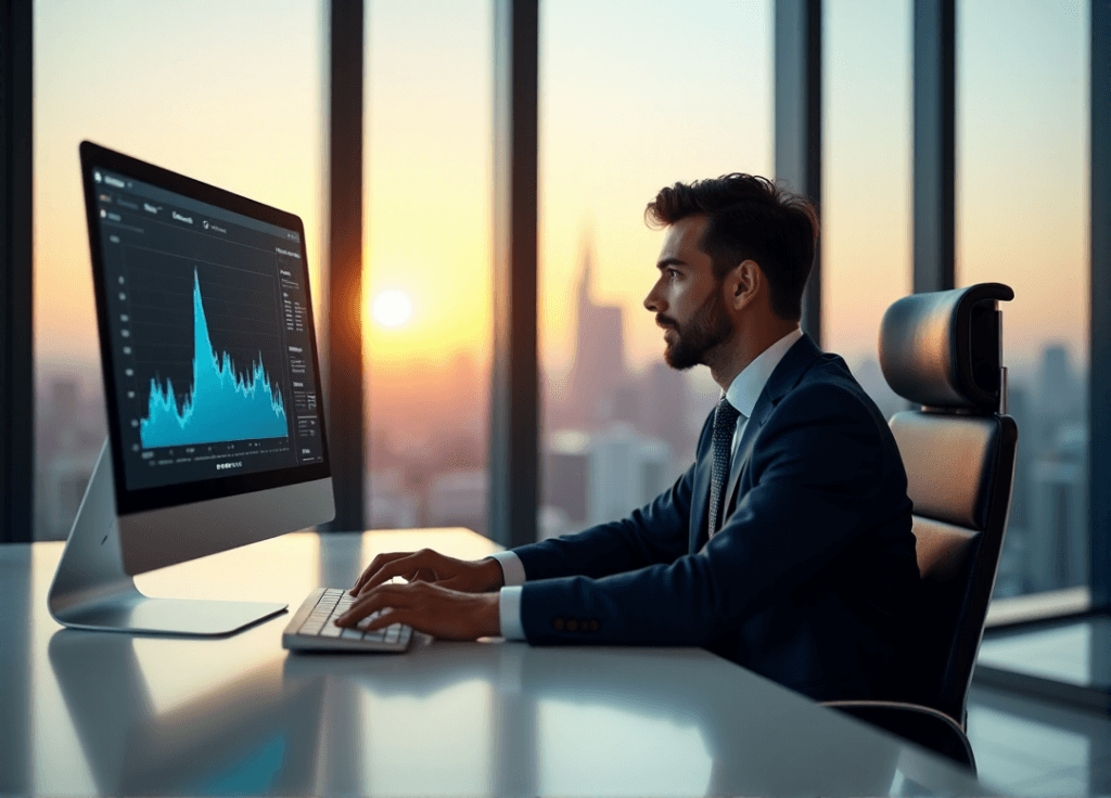 "A business executive sits at a modern desk, hands poised over a keyboard, with a large data visualization graph on a high-resolution screen behind him, showcasing AI-driven predictive analytics insights."