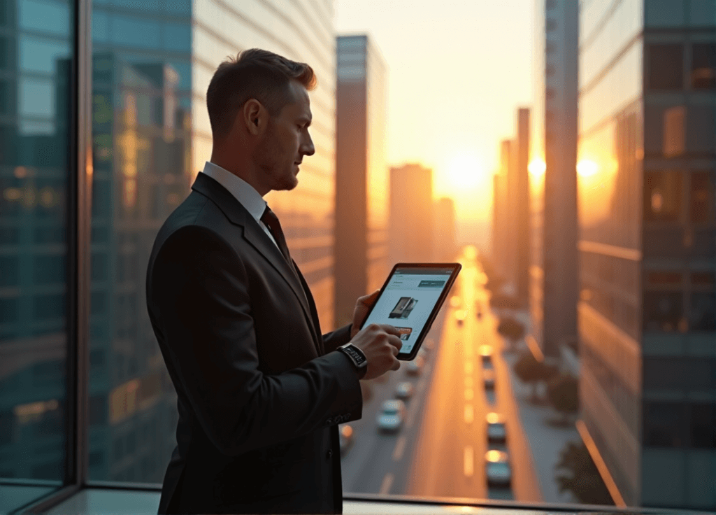"A confident real estate agent stands before a modern skyscraper, leveraging AI automation skills with a tablet displaying a 3D virtual property model."