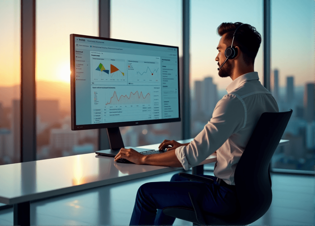 "A customer service representative sits at a modern desk, wearing a headset and typing on their keyboard, surrounded by real-time data analytics and sentiment analysis charts."