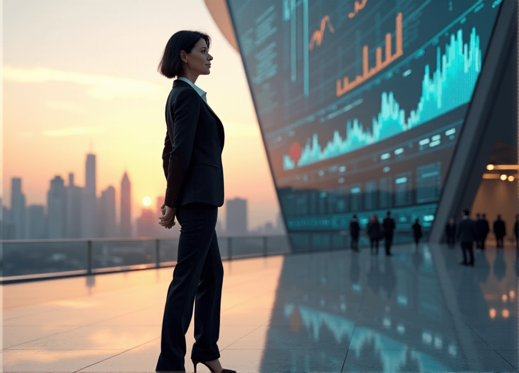 "A confident business executive stands in front of a futuristic high-rise building, surrounded by data streams and analytics visualizations, showcasing AI automation skills and anticipatory predictive insights."