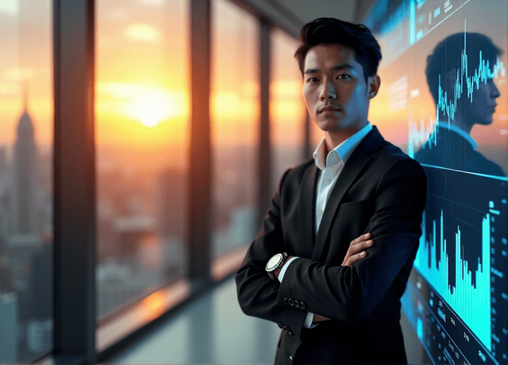 "A young professional stands confidently in front of a digital screen displaying real-time stock market trends, financial forecasts, and analytics, showcasing AI automation skills in a high-tech office space with a city skyline view at sunset."