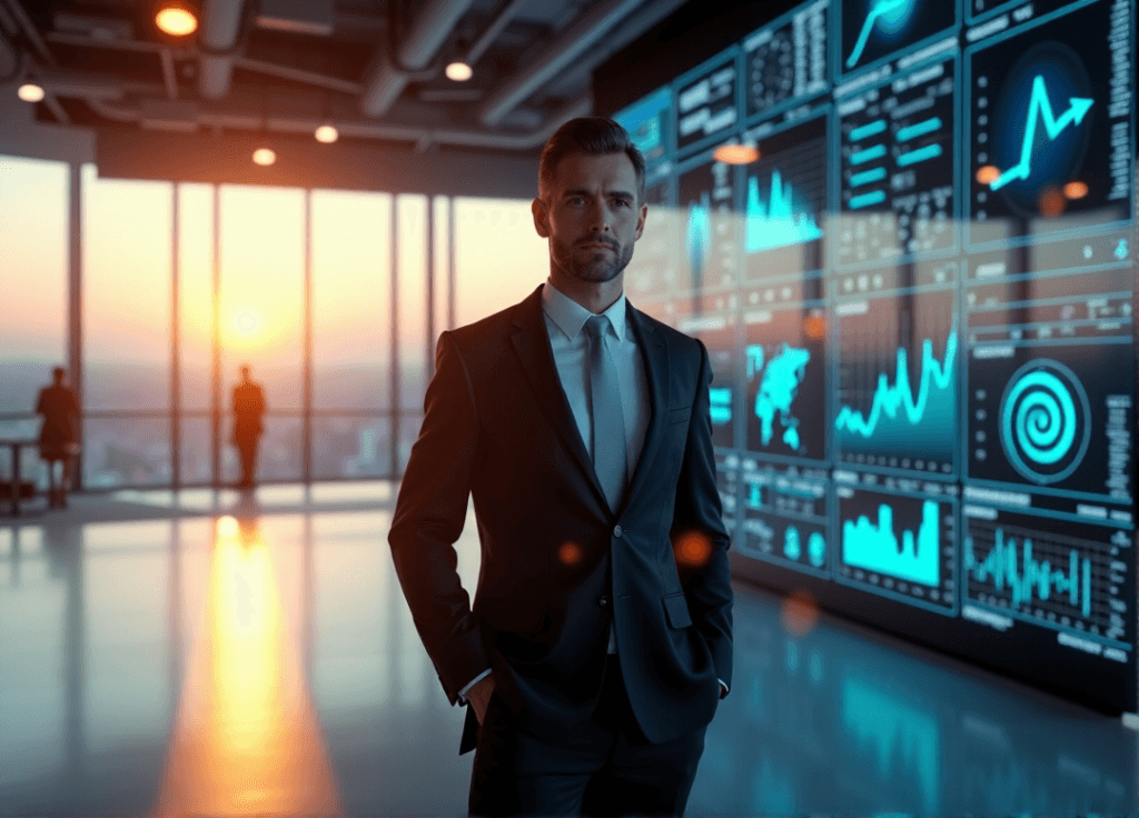 "A business executive stands confidently in front of a high-tech control panel with AI-powered predictive analytics displays, showcasing AI automation skills."