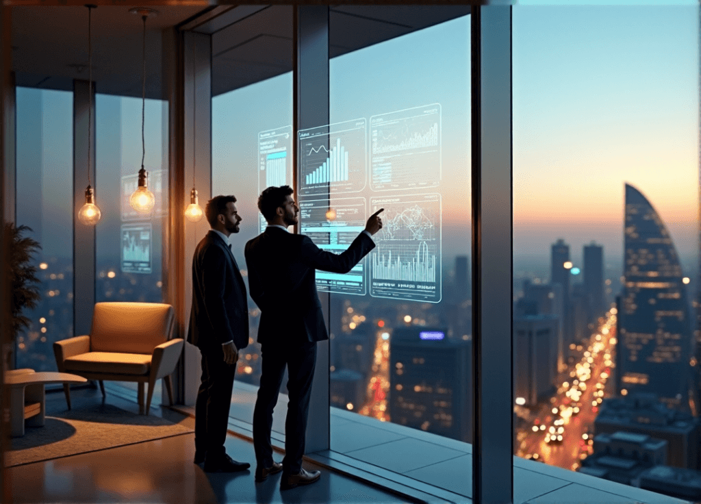 "Two business executives stand in a high-rise office at dusk, gazing at an AI-powered predictive analytics dashboard on multiple screens, with one pointing to data visualizations."