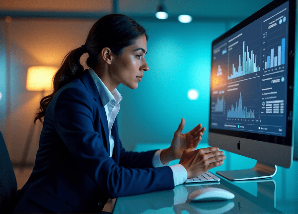 "A business executive sits confidently at a modern desk, gazing at an AI-driven analytics dashboard on her large screen, showcasing predictive insights and AI automation skills in action."